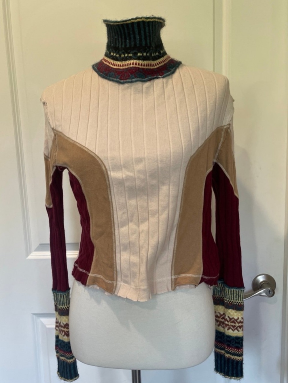 Free People Teal & Cream Textured Knit Sweater